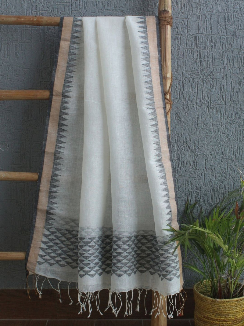 Ivory Handloom Linen Jamdani Dupatta with Zari Border