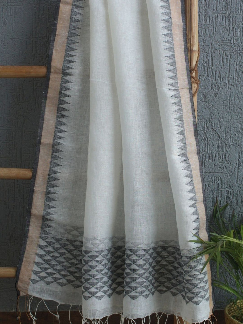 Ivory Handloom Linen Jamdani Dupatta with Zari Border