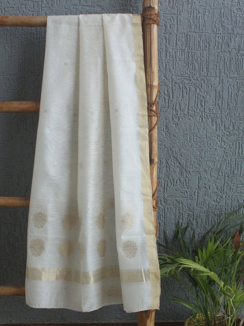 White Chanderi Handloom Cotton Silk Dupatta with Golden Motifs