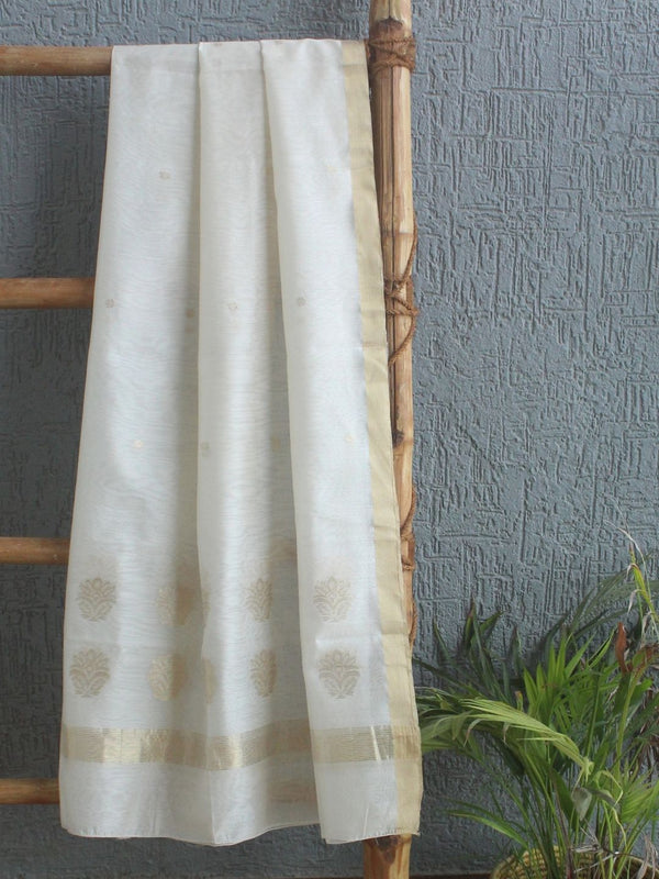 White Chanderi Handloom Cotton Silk Dupatta with Golden Motifs