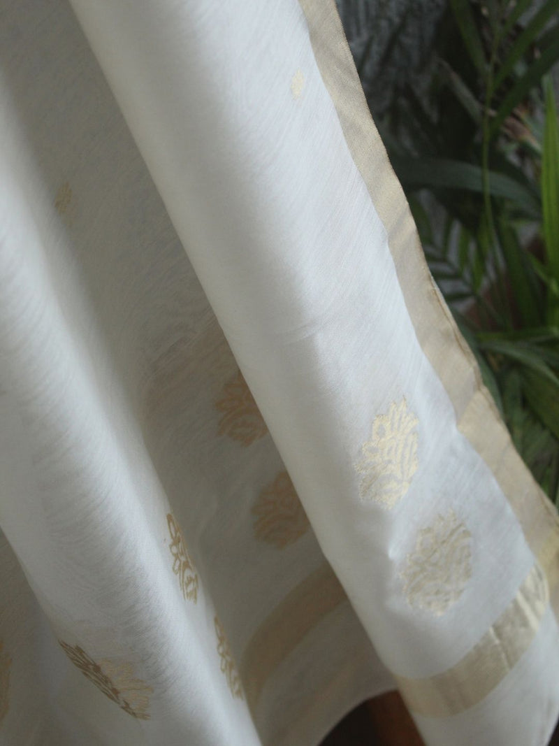 White Chanderi Handloom Cotton Silk Dupatta with Golden Motifs