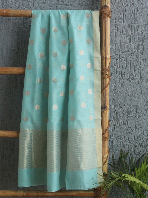 Pastel Blue Chanderi Handloom Cotton Silk Dupatta with Golden Motifs