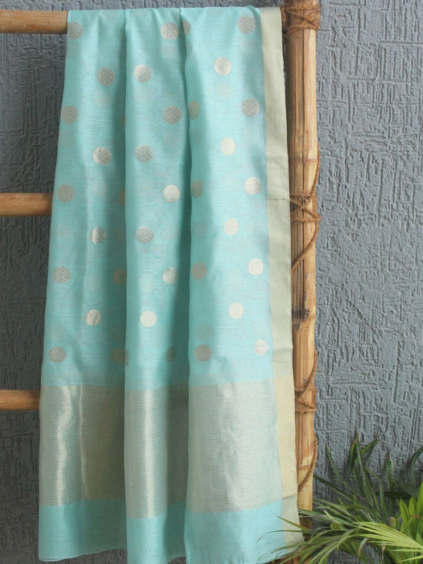 Pastel Blue Chanderi Handloom Cotton Silk Dupatta with Golden Motifs