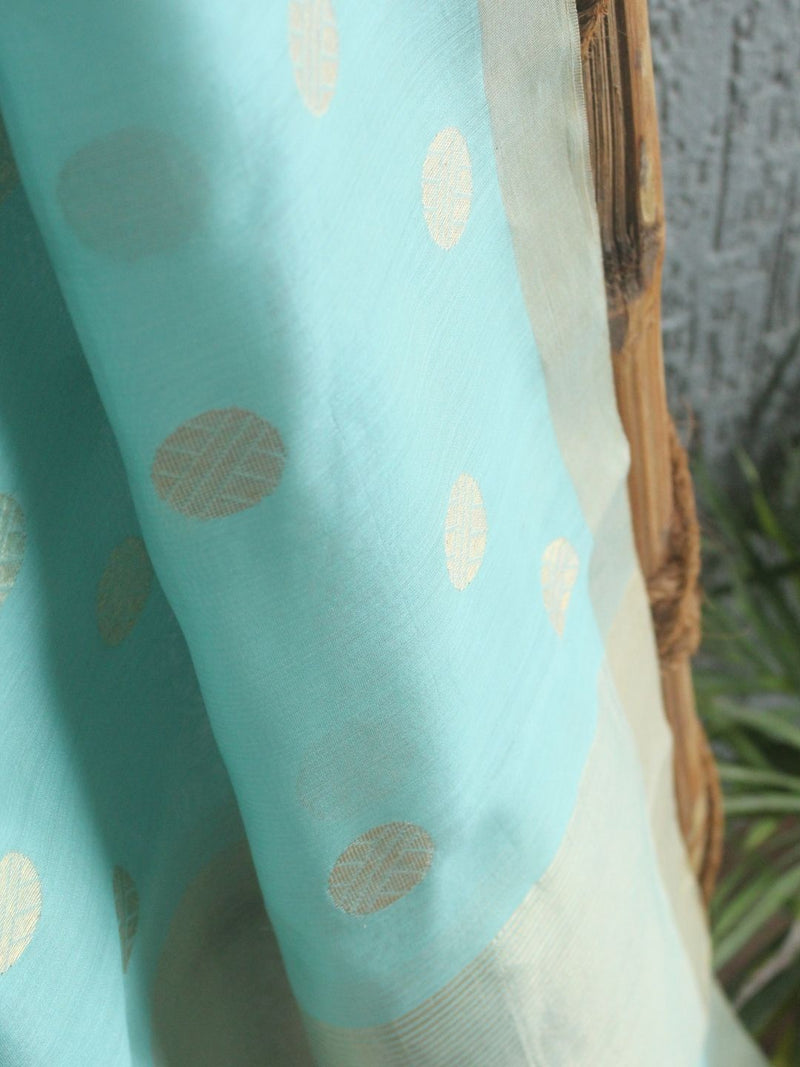 Pastel Blue Chanderi Handloom Cotton Silk Dupatta with Golden Motifs