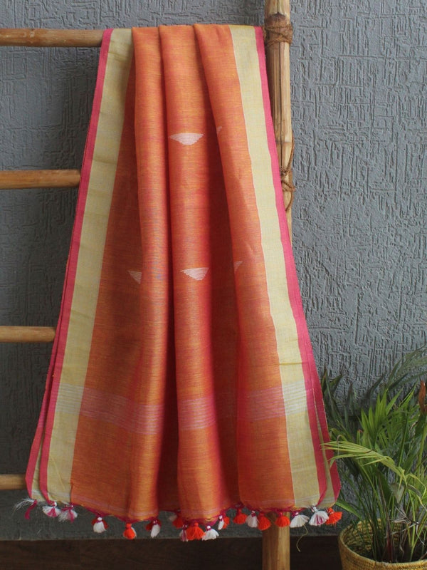 Yellow and Pink Dual Toned Handloom Linen Jamdani Dupatta with Zari Border