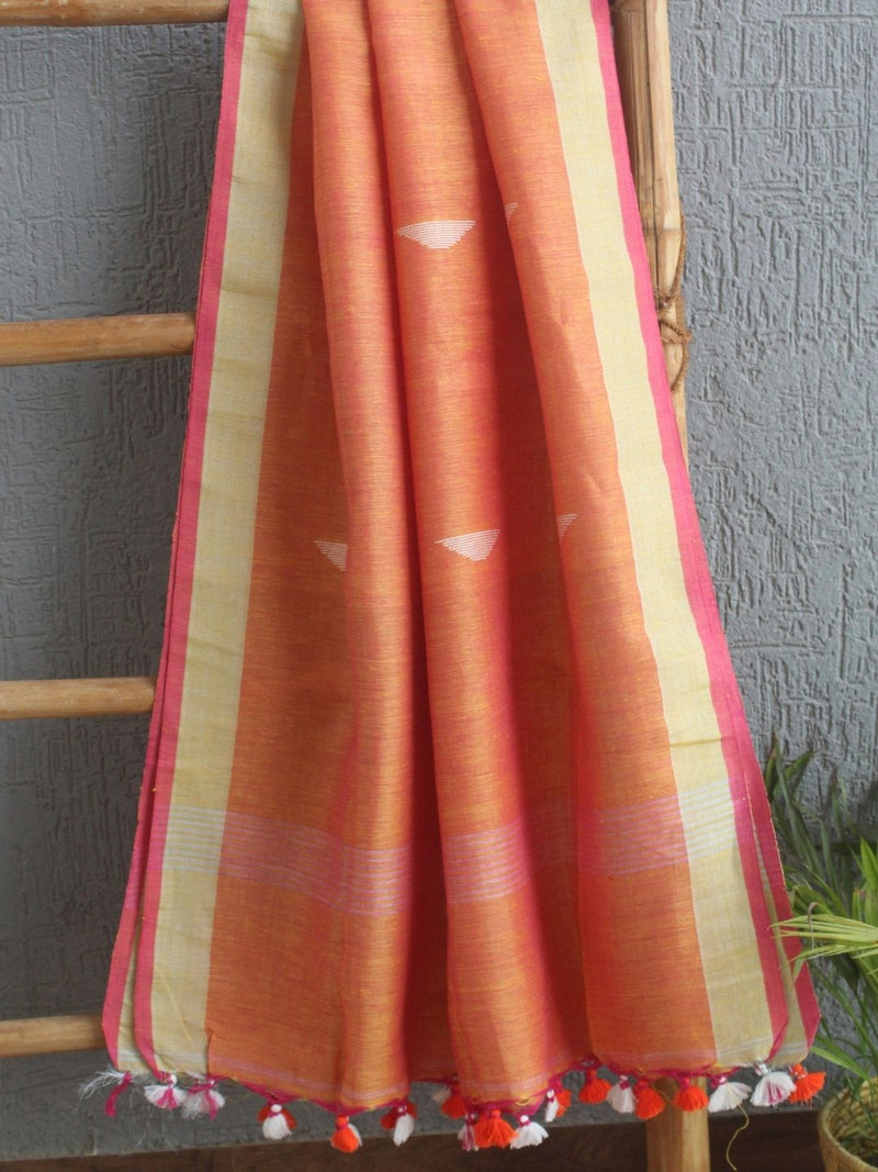 Yellow and Pink Dual Toned Handloom Linen Jamdani Dupatta with Zari Border