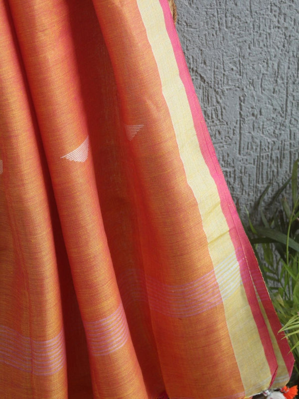 Yellow and Pink Dual Toned Handloom Linen Jamdani Dupatta with Zari Border