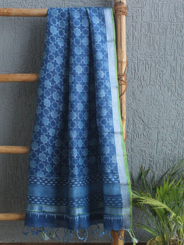 Indigo Dabu Printed Handloom Linen Dupatta