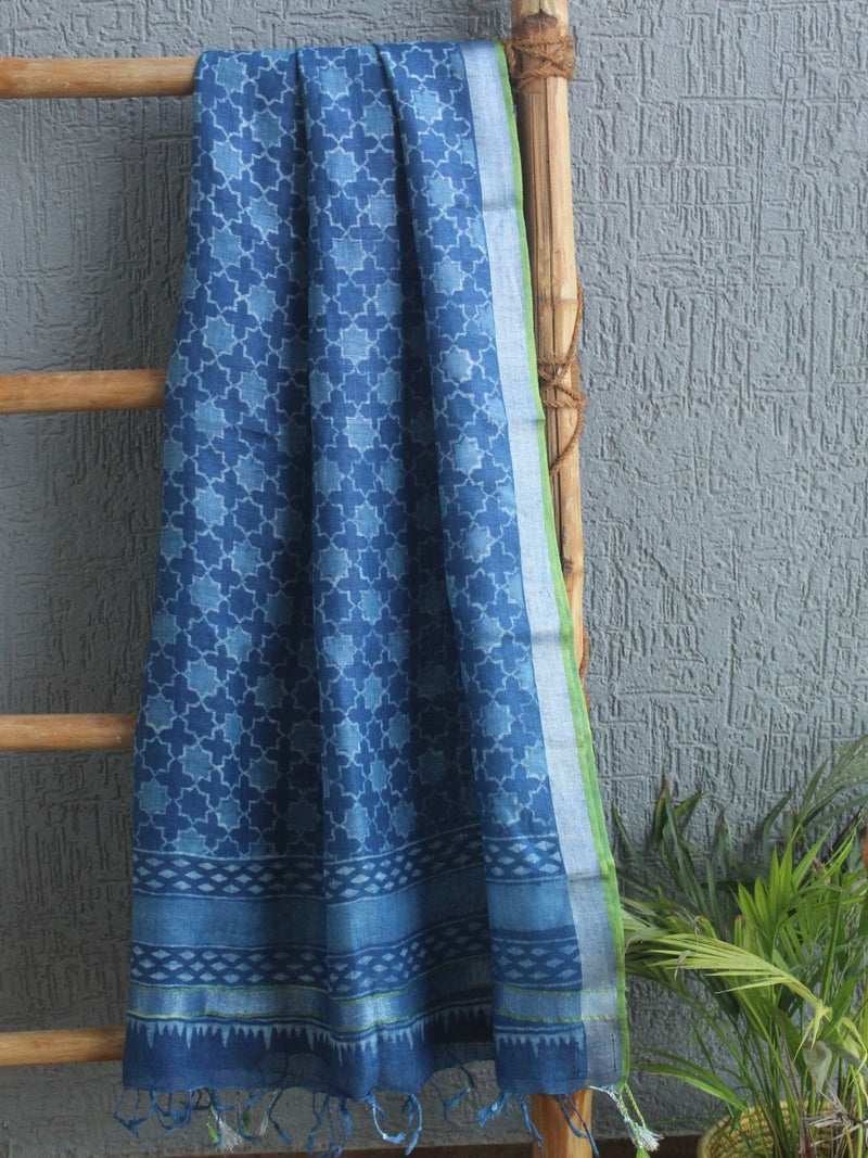 Indigo Dabu Printed Handloom Linen Dupatta