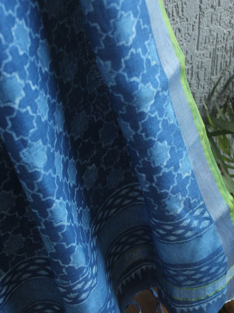 Indigo Dabu Printed Handloom Linen Dupatta