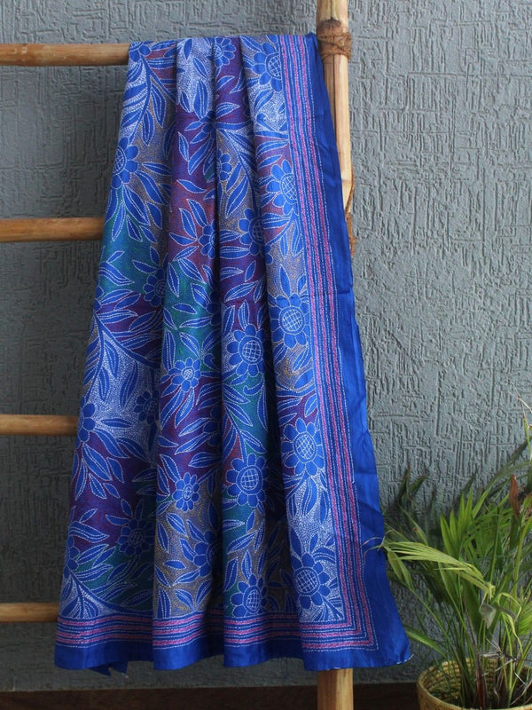 Blue Reverse Kantha Embroidered Silk Dupatta