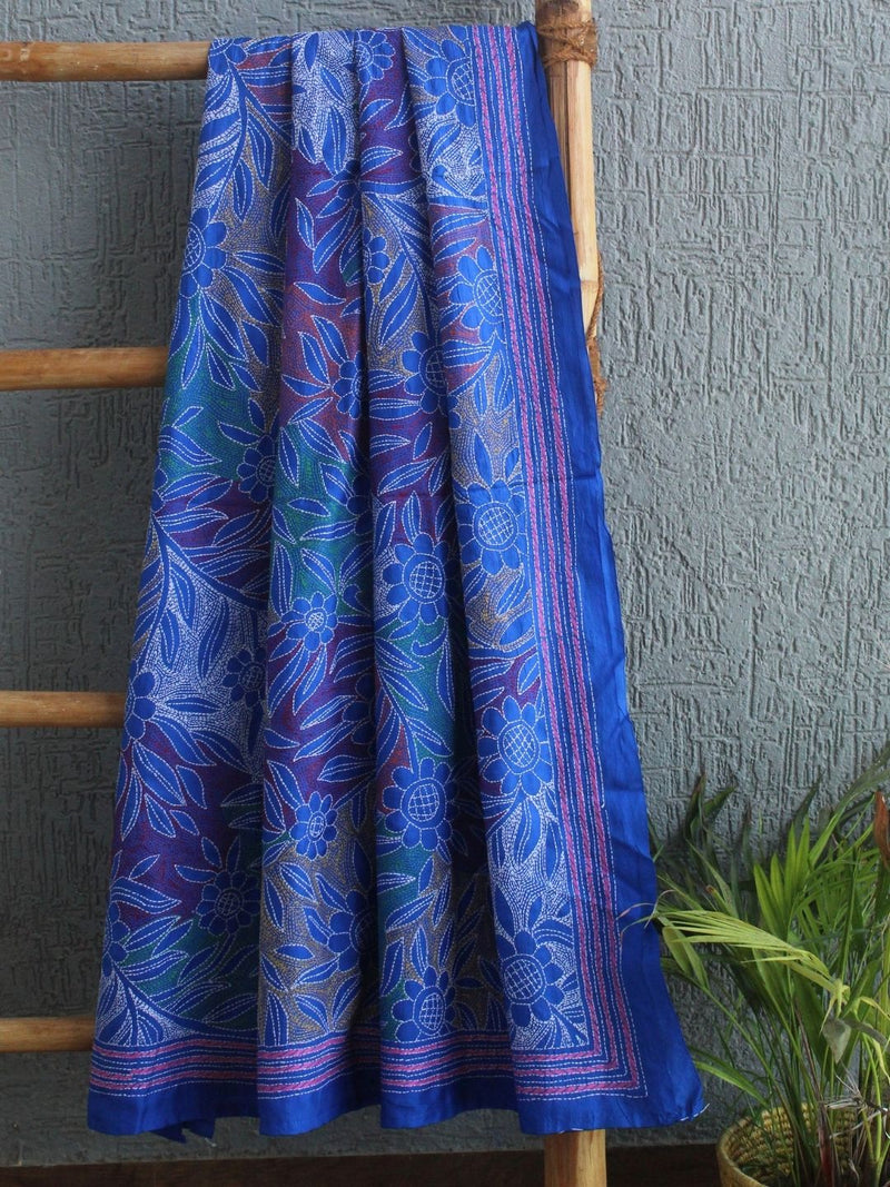 Blue Reverse Kantha Embroidered Silk Dupatta