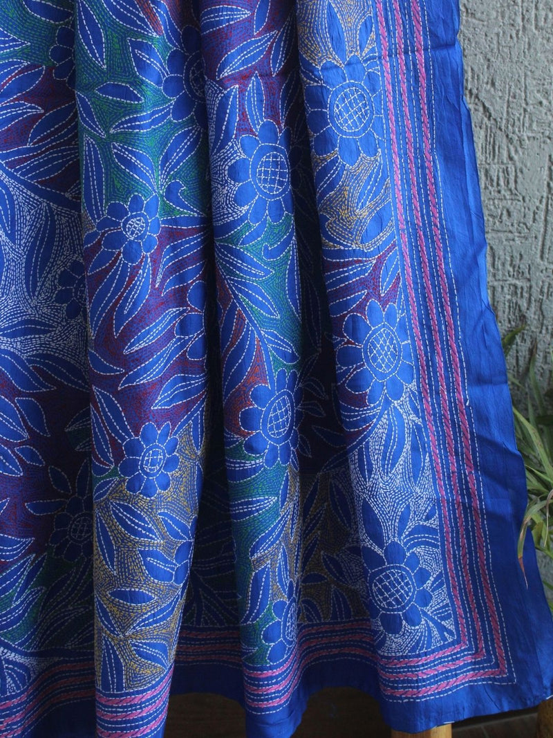 Blue Reverse Kantha Embroidered Silk Dupatta