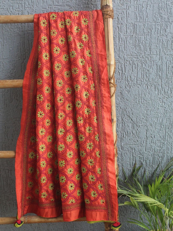 Orange Kantha Embroidered Silk Dupatta