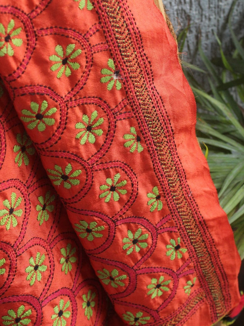 Orange Kantha Embroidered Silk Dupatta