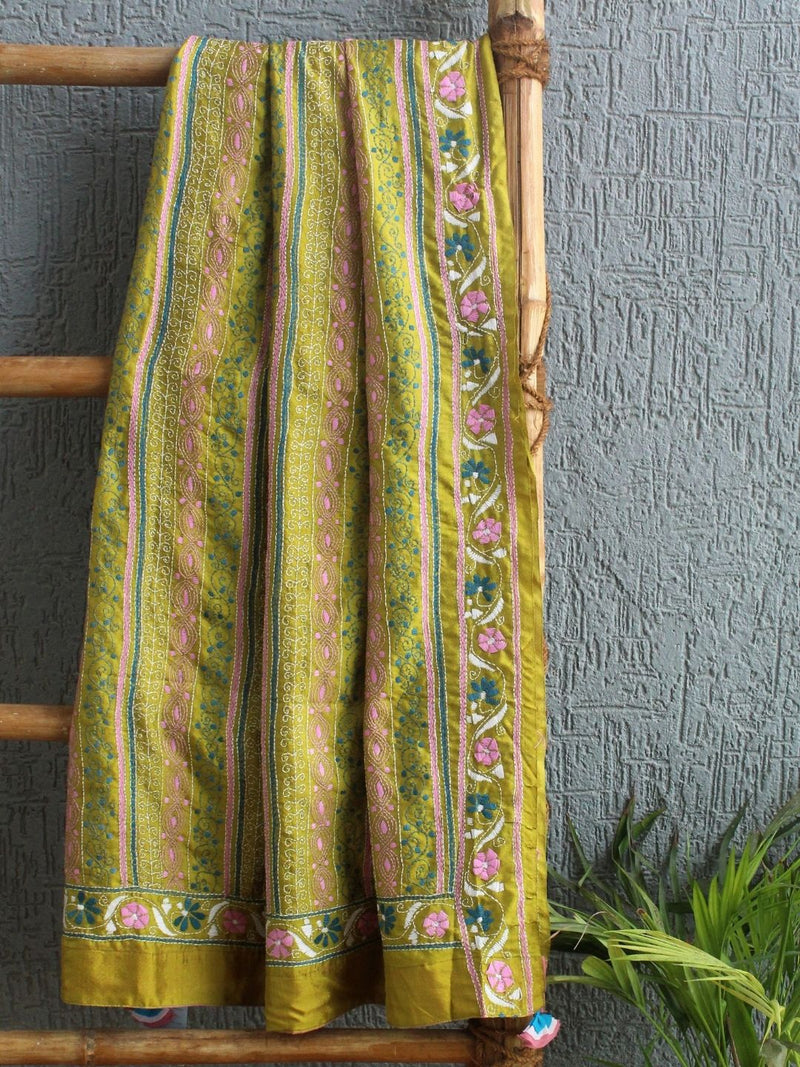 Green Kantha Embroidered Silk Dupatta