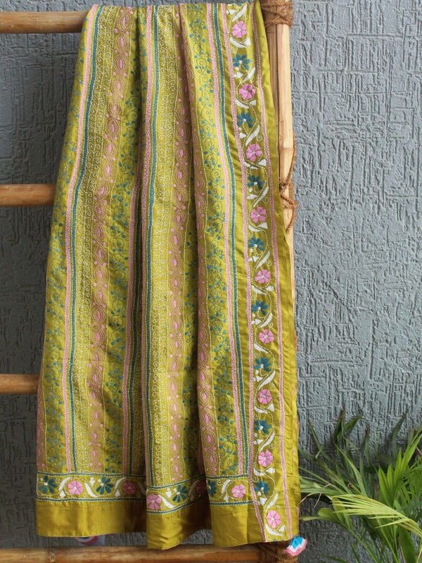 Green Kantha Embroidered Silk Dupatta