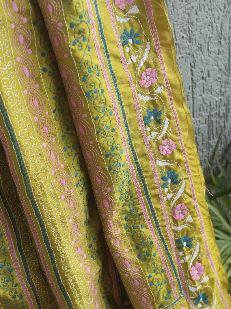 Green Kantha Embroidered Silk Dupatta