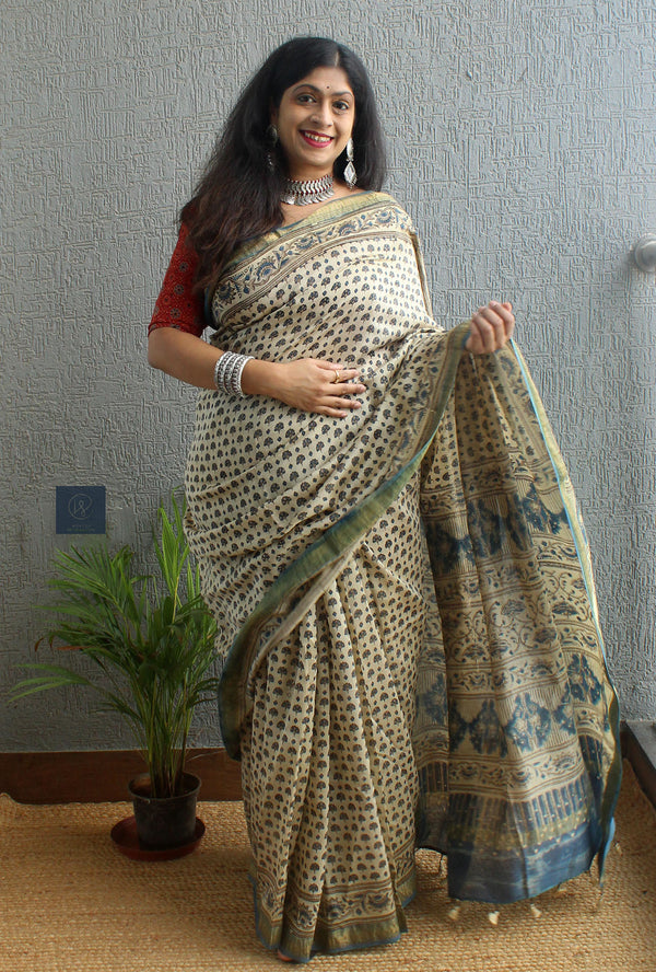 Off-White Ajrakh Hand Block Printed Chanderi Cotton Silk Saree