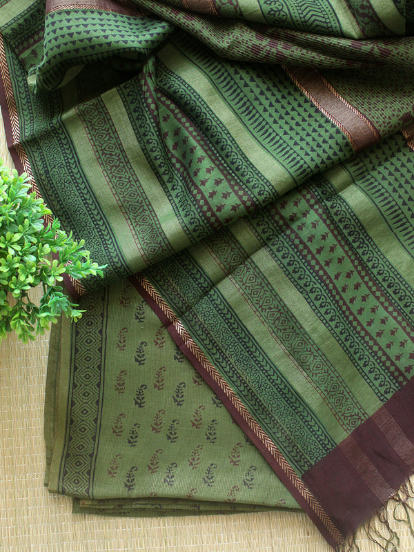 Green Bagh Hand Block Printed Handloom Tissue Cotton Silk Dress Material