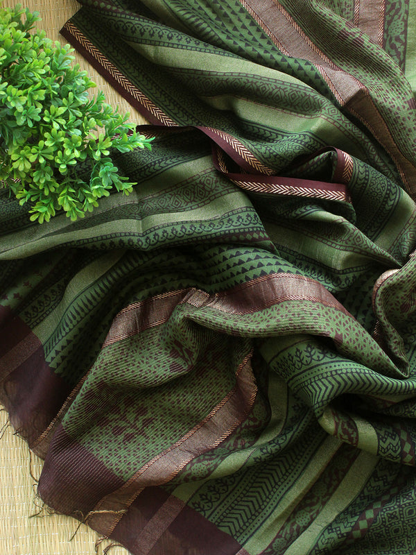 Green Bagh Hand Block Printed Handloom Tissue Cotton Silk Dress Material