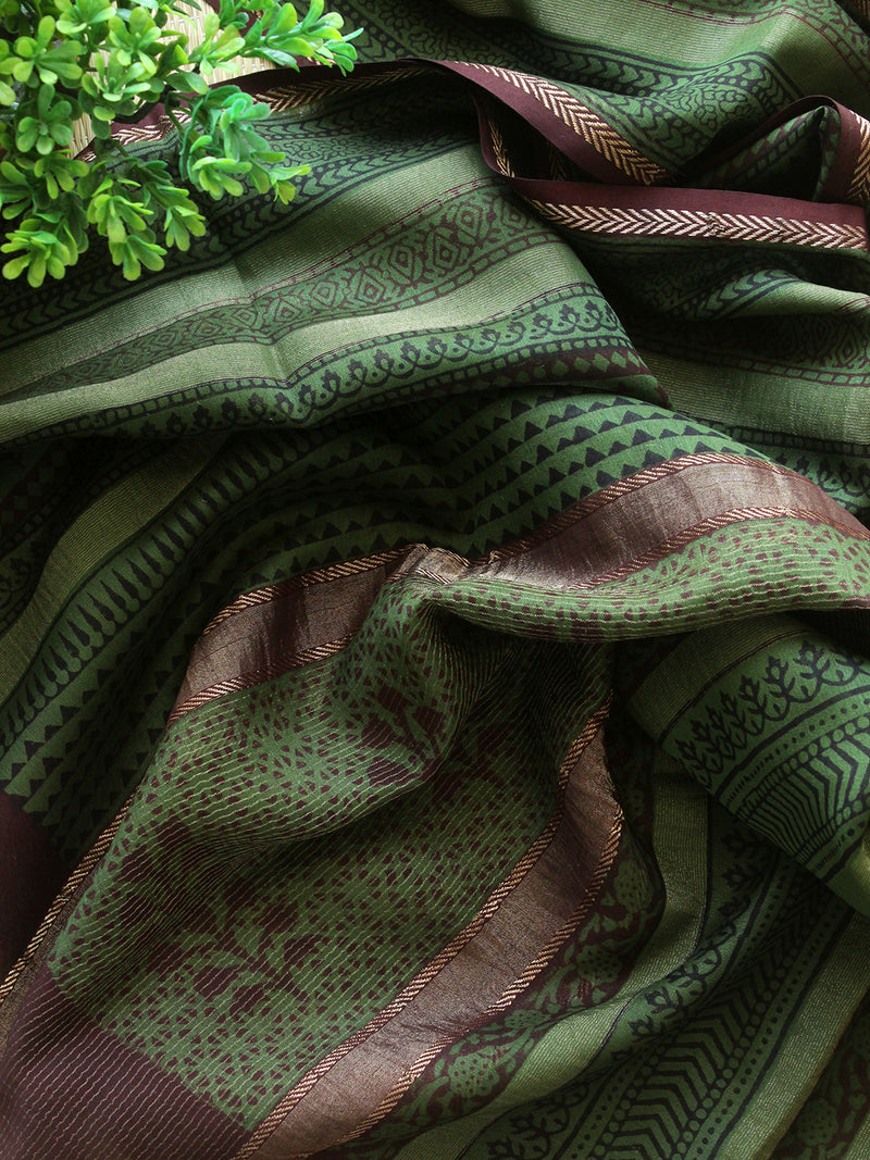 Green Bagh Hand Block Printed Handloom Tissue Cotton Silk Dress Material