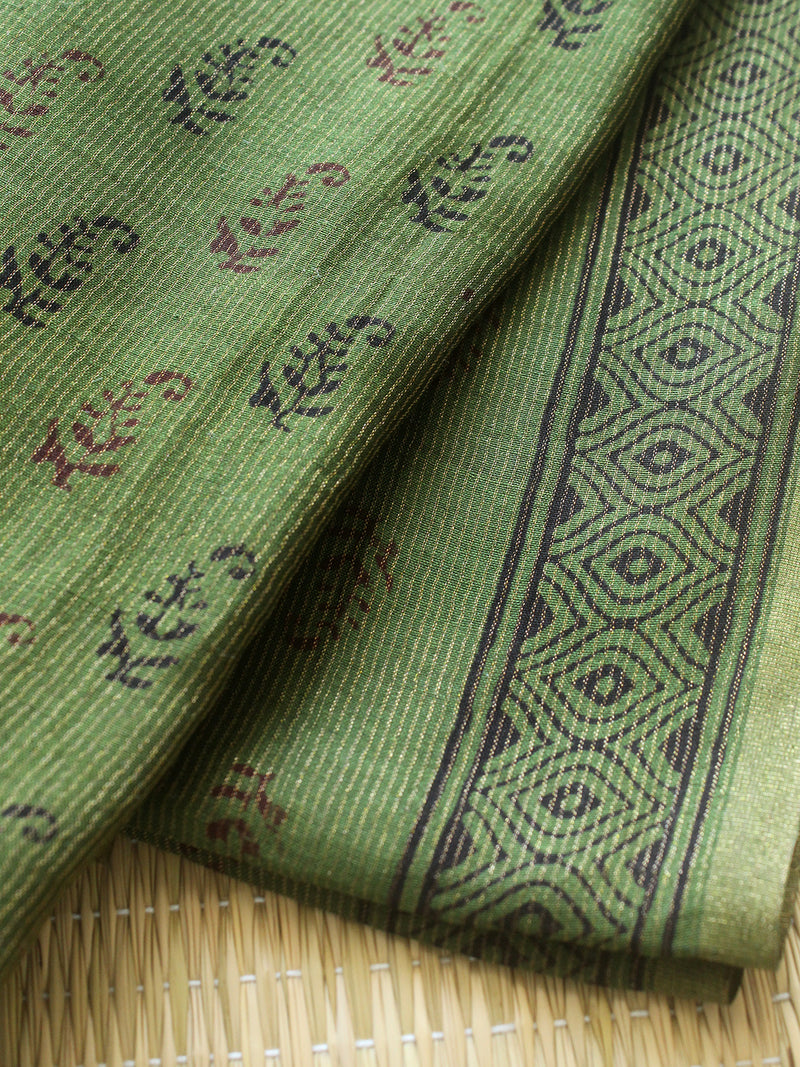 Green Bagh Hand Block Printed Handloom Tissue Cotton Silk Dress Material