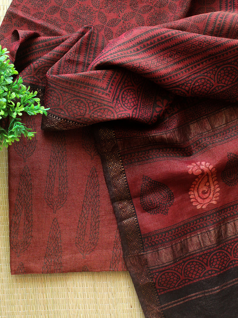 Rust Bagh Hand Block Printed Handloom Tissue Cotton Silk Dress Material