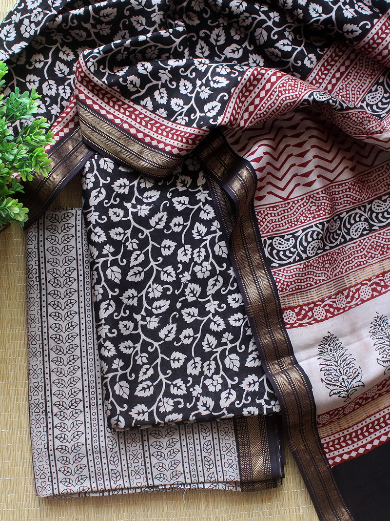 Black Bagh Hand Block Printed Maheshwari Cotton Silk Dress Material