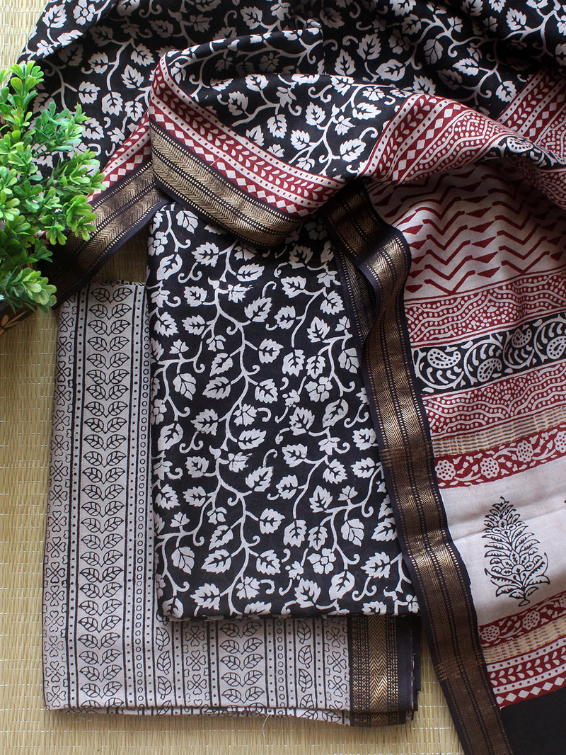 Black Bagh Hand Block Printed Maheshwari Cotton Silk Dress Material