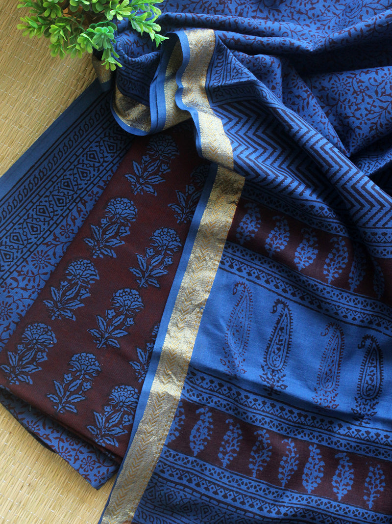 Maroon and Blue Bagh Hand Block Printed Pure Cotton Dress Material