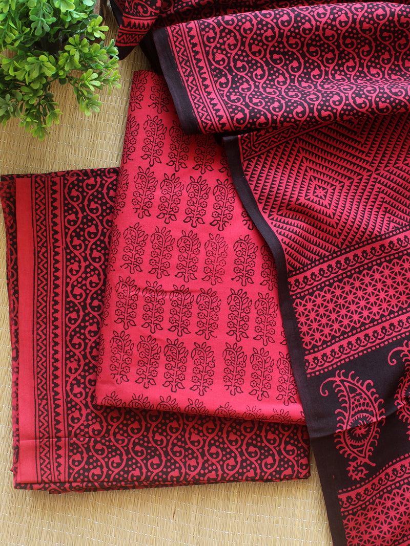 Pinkish Red Bagh Hand Block Printed Pure Cotton Dress Material