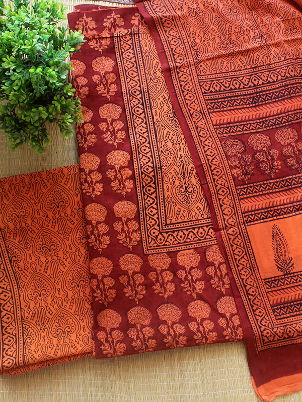 Orange Bagh Hand Block Printed Pure Cotton Dress Material