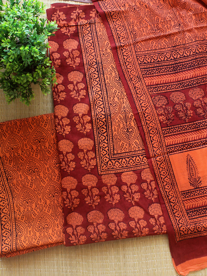 Orange Bagh Hand Block Printed Pure Cotton Dress Material