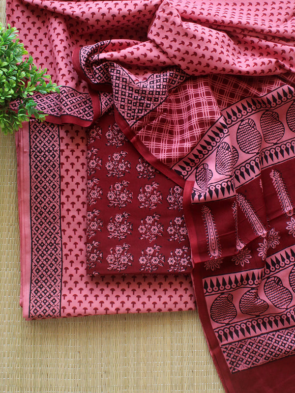 Maroon and Peach Bagh Hand Block Printed Pure Cotton Dress Material