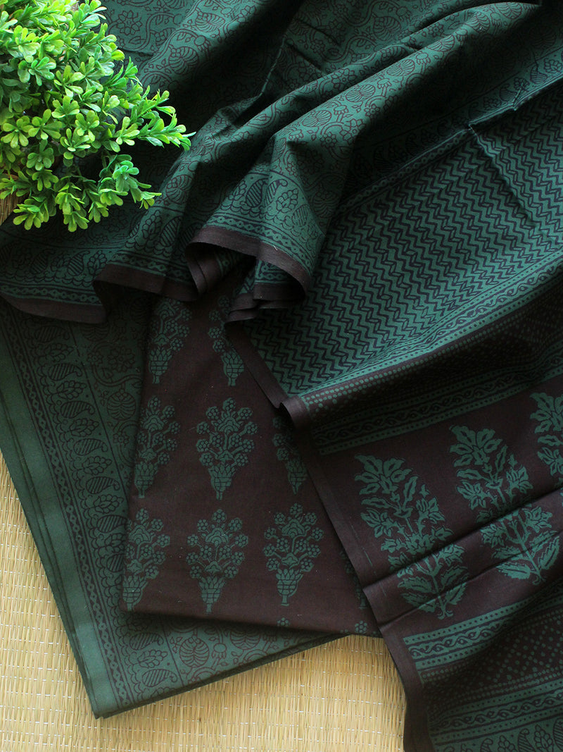 Brown and Green Bagh Hand Block Printed Pure Cotton Dress Material