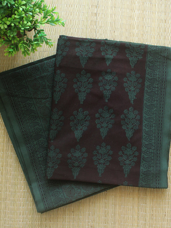 Brown and Green Bagh Hand Block Printed Pure Cotton Dress Material