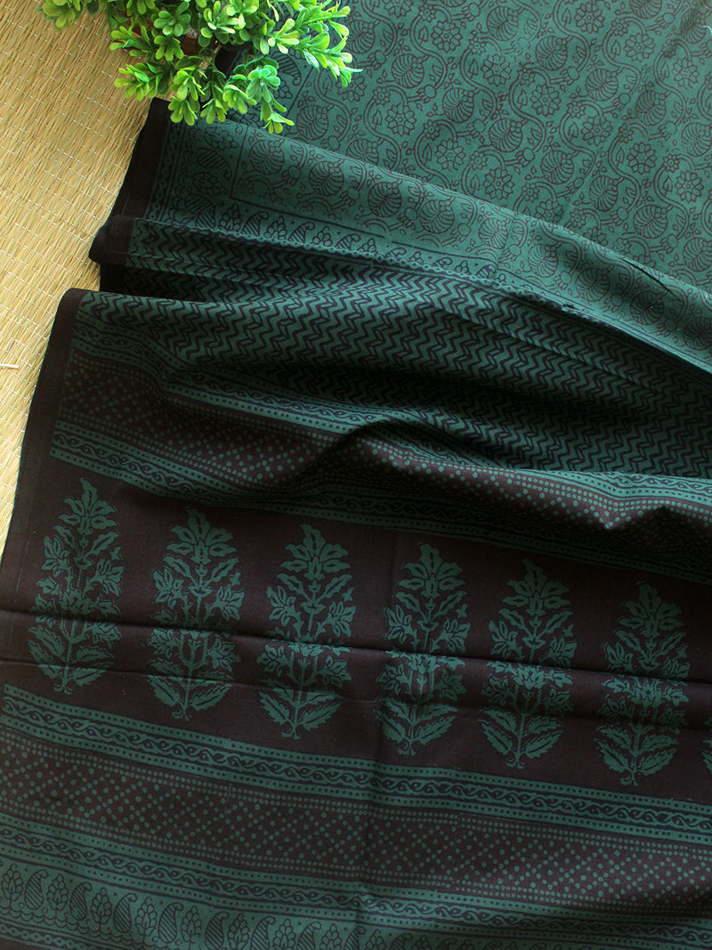 Brown and Green Bagh Hand Block Printed Pure Cotton Dress Material