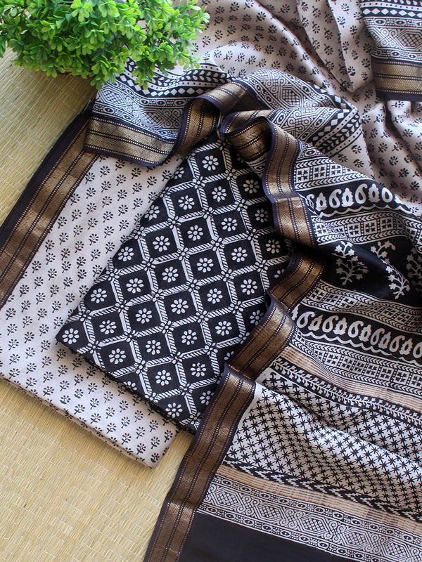 Black and White Bagh Hand Block Printed Maheshwari Cotton Silk Dress Material