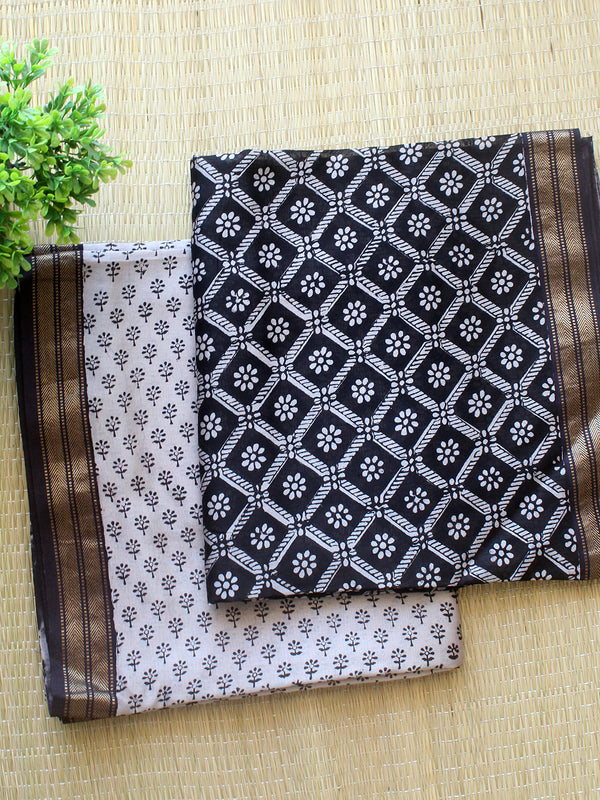 Black and White Bagh Hand Block Printed Maheshwari Cotton Silk Dress Material