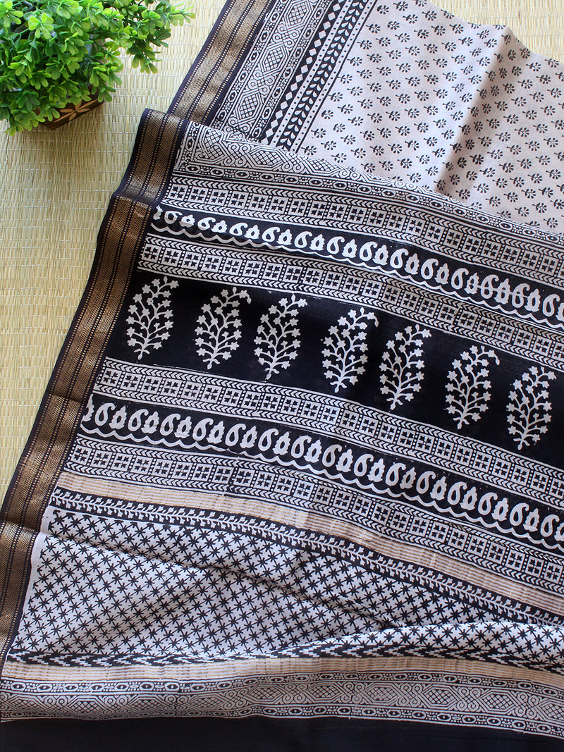 Black and White Bagh Hand Block Printed Maheshwari Cotton Silk Dress Material