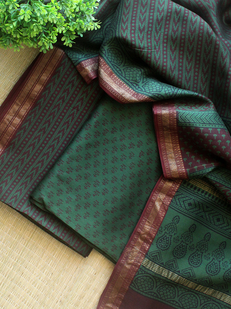 Green Bagh Hand Block Printed Maheshwari Cotton Silk Dress Material