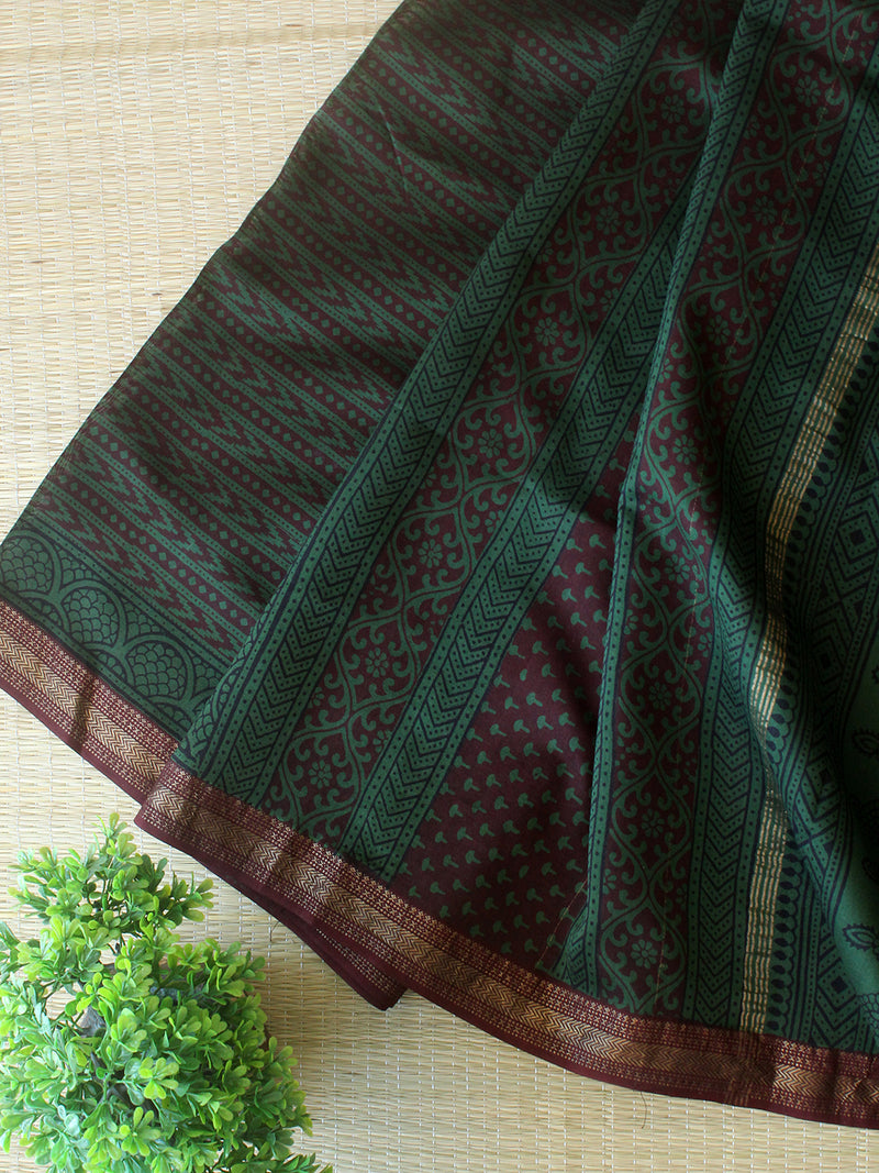 Green Bagh Hand Block Printed Maheshwari Cotton Silk Dress Material