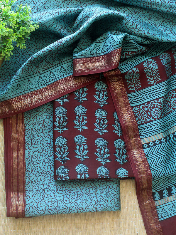 Maroon and Blue Bagh Hand Block Printed Maheshwari Cotton Silk Dress Material