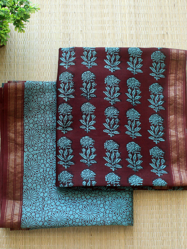 Maroon and Blue Bagh Hand Block Printed Maheshwari Cotton Silk Dress Material