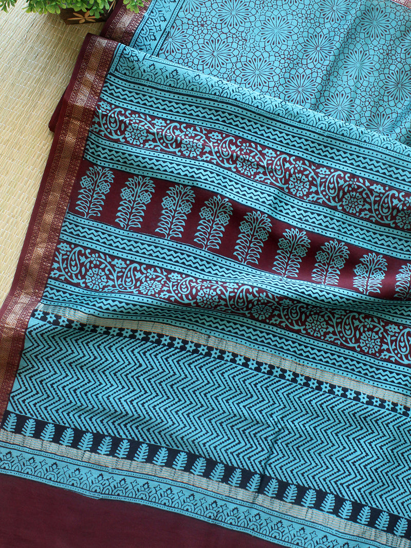 Maroon and Blue Bagh Hand Block Printed Maheshwari Cotton Silk Dress Material