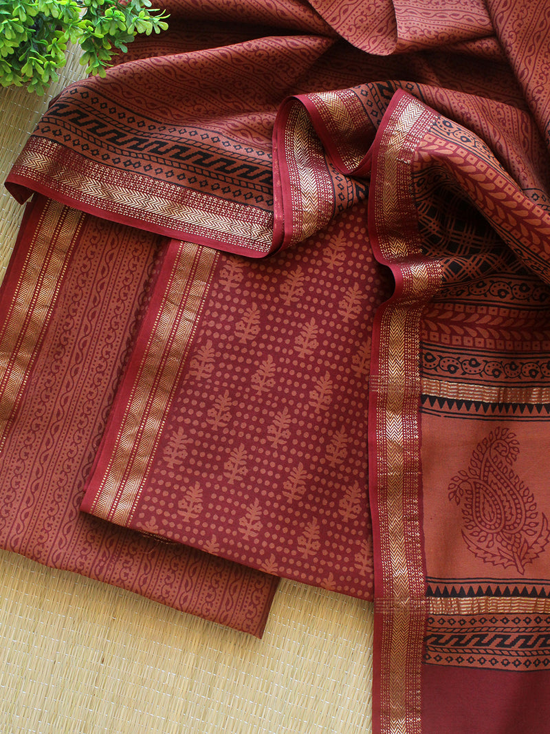 Rust Bagh Hand Block Printed Maheshwari Cotton Silk Dress Material