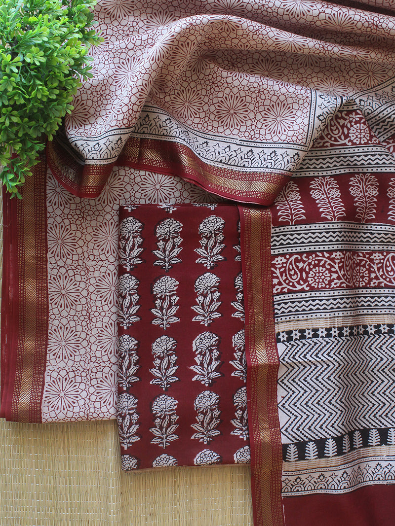 Off-White and Maroon Bagh Hand Block Printed Maheshwari Cotton Silk Dress Material