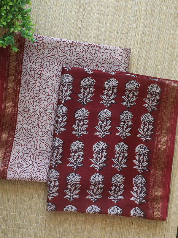 Off-White and Maroon Bagh Hand Block Printed Maheshwari Cotton Silk Dress Material