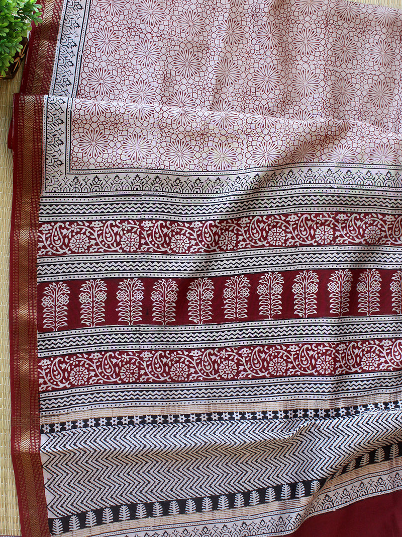 Off-White and Maroon Bagh Hand Block Printed Maheshwari Cotton Silk Dress Material